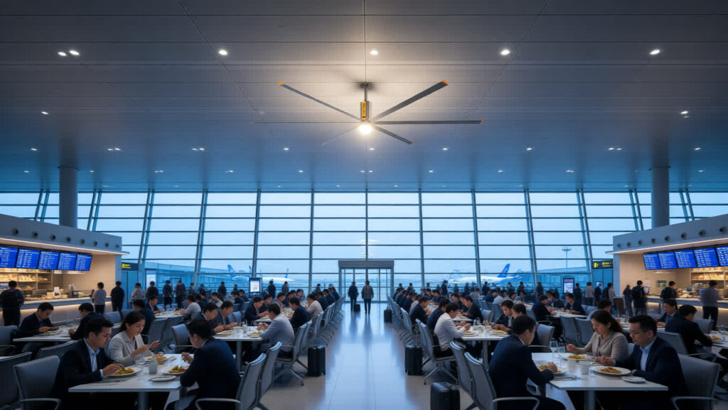 Current image: Outdoor airport food court area with HVLS ceiling fans managing airflow and reducing food odors.